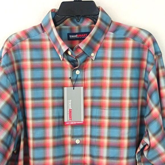 Round Tree & York Men smart  blue brown red plaid long sleeve button up shirt L - Picture 2 of 9